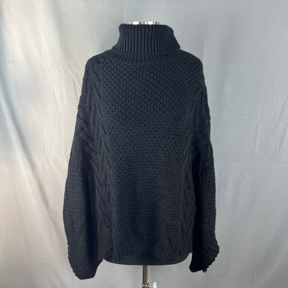 Tjd Poncho Sweater Womens One Size Black Oversized Cable Knit Turtleneck Winter